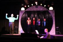 New Line Theatre's OUT ON BROADWAY: THE THIRD COMING runs through Aug 19, 2017. From left: Sean Michael, Ken Haller, Keith Thompson, Dominic Dowdy-Windsor and Mike Dowdy-Windsor with Nate Jackson on piano. Photo Credit: Jill Ritter Lindberg